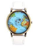 JSDDE Uhren,Vintage Weltkarte Armbanduhr Flugzeug Sekundenzeiger Denim-Gewebe-Lederband Quarz Kleid Uhr,Weiss