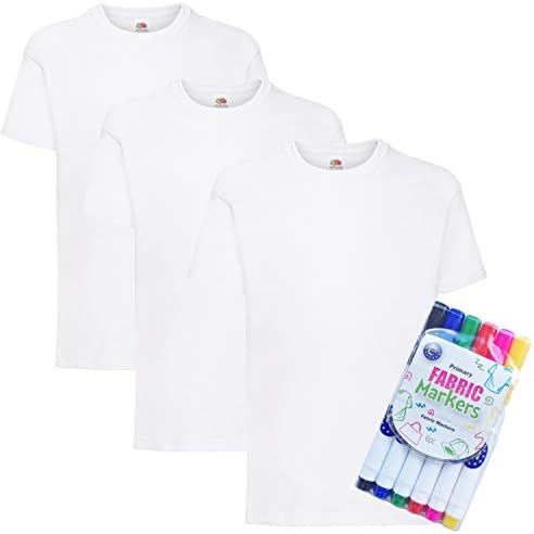 3 Pack Childrens Fruit of the Loom T Shirts with Free Fabric Pens (7/8, White)