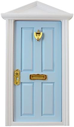 Kelaina 1/12 Miniature 4-Panel Exterior Wooden Door Steepletop with Hardware for Dollhouse Decoration (Blue)