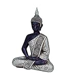 silberner buddha kopf Wunderschöne meditierende Buddha Statue mit Silbernen Verzierungen aus hochwertigem wetterfesten Polyresin, als Dekoration für innen und außen geeignet