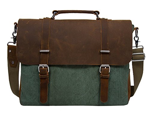 ECOSUSI Vintage Canvas Leder Aktentasche Umhängetasche Passt für max 14.7" laptop