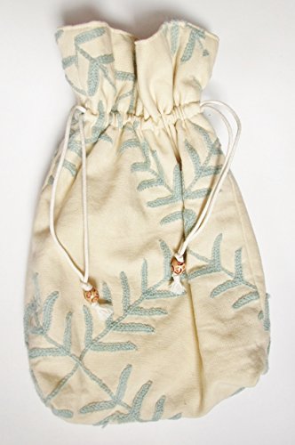 Crewelwork Drawstring Bag or Small Hot Water Bottle Cover, Light Blue Wool on Cream Fabric, 26cm x 32cm x 6cm
