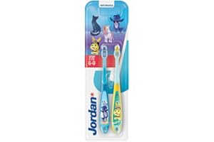 JORDAN* Jordan® Szczoteczka do zębów dla dzieci w wieku 6-9 lat, miękkie włosie, podwójny ergonomiczny uchwyt, nie zawiera BPA, kolor żółty i niebieski, 2 sztuki