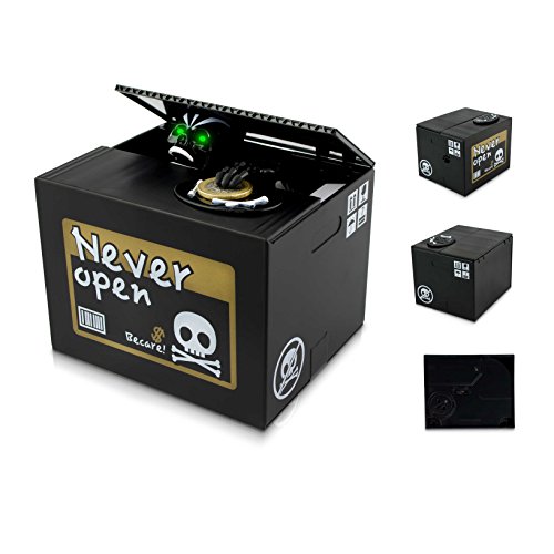 VENKON – Elektronische Spardose Skelett in der Box Trickspardose – 12 x 10 x 9 cm – schwarz - 2