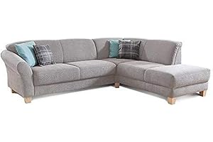 ‎CAVADORE CAVADORE Gootlaand Corner Sofa with Ottoman Right / Large Couch in Country House Style / Includes Pull-Up Function and Bed Box / with Spring Core / 257 x 84 x 212 cm / Light Grey