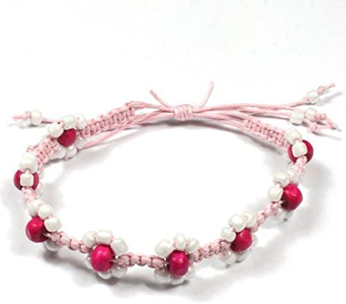 Handmade Macrame Flower Adjustable Pink Bead Surf Anklet with Light Pink Waxed Cotton Cord