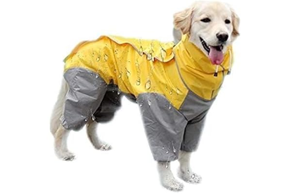 Bhumi Enterprises Dog Raincoats Rain Snow Coats Waterproof Clothing 4 Four Legs Raincoat Full-Cover Dogs Hooded Poncho(Yellow-Grey) (28-Size)
