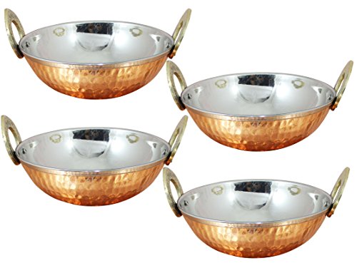 4er Set, Edelstahl Gehämmert Kupfer Serviergeschirr Zubehör Karahi Pfanne Schüsseln für Indisches Essen, Durchmesser 13 Cm