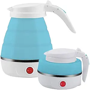 MEXFY 100-240V Food Grade Silicone and Dual Voltage Travel Foldable Electric Kettle; 600 ml with Boil Dry Protection (White and Blue)