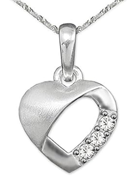 CLEVER SCHMUCK-SET Silberner kleiner Anhänger 9 mm Mini Herz innen offen mit 3 Zirkonias teilmatt und Kette Singapur...