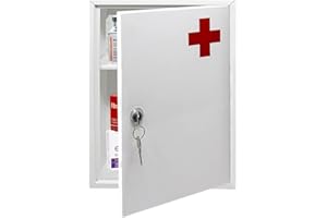 BARGAINS-GALORE First Aid Medical Cabinet Safe Storage Box with Lock & Key - Use at Home, Bathroom, Office, School, Lab Medication Kit | Wall Mounted With Fixings Included | Lockable, Child Proof & Comes With 2 Keys