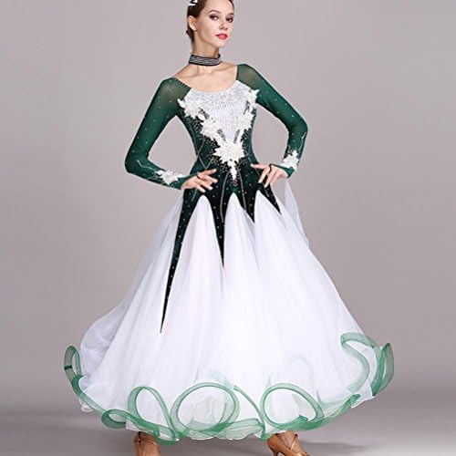 Handmade Water-soluble Flower Womens Great Swing Modern Dance Performance Dress Long Sleeves Ballroom Dance Costumes With Rhinestone Applique , dark green , xl