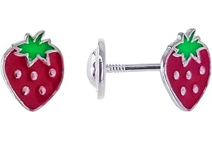 Minoplata Pendientes fresa de Plata de ley 925 con cierre de rosca bebé para niñas