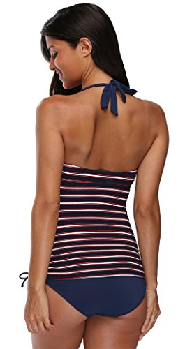 ALove Damen Einteiler Mit Streifen Und Rüschen Neckholder One Piece Bademode - 2