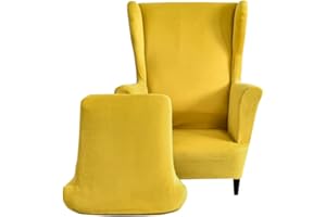 Highdi Funda de Sillón de Orejas Elástica Terciopelo, Funda de Sofá Relax 2 Piezas con Funda de Cojín, Color sólido Fundas Protector de Butaca para Dormitorio,Recepción,Club (Amarillo)
