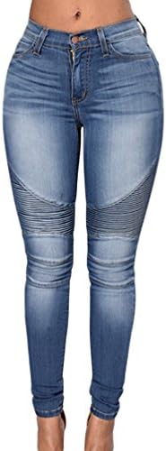 ZKOO Jeans Denim Trousers Womens Stretch Butt Lift Skinny Jeans Cotton Pleated Denim Pencil Pants Ladies Dark Blue