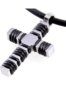 DonDon Leder Halskette und Edelstahl Kreuz Anhänger mit Kautschuk Ringen in schwarzem Samtbeutel