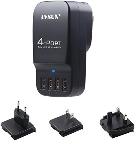 USB Charger Lvsun 4-Port Wall Charger with UK EU US International Travel Plug Adapter (Interchangeable) 6.8A/34W for Apple iPhone iPad, Samsung Galaxy, Smartphone, Tablet, Power Bank - Black [CE ETL Certification]