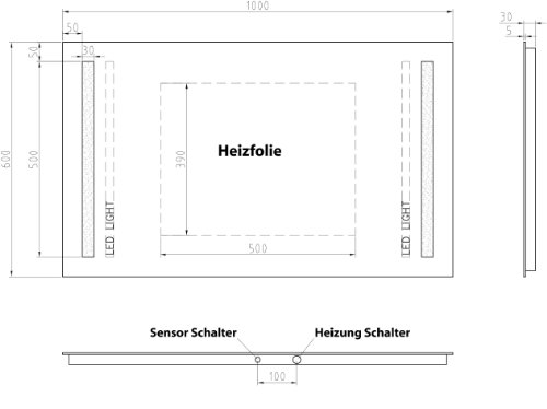 Schaere Badspiegel mit LED Beleuchtung, Sensor und Heizfolie 100×60 cm - 5
