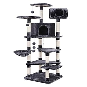 FEANDREA Árbol para Gatos, Gran Rascador con Caseta, Plataformas Grandes, Cesta, Postes Recubiertos por Cuerda de Sisal, Antracita PCT17G