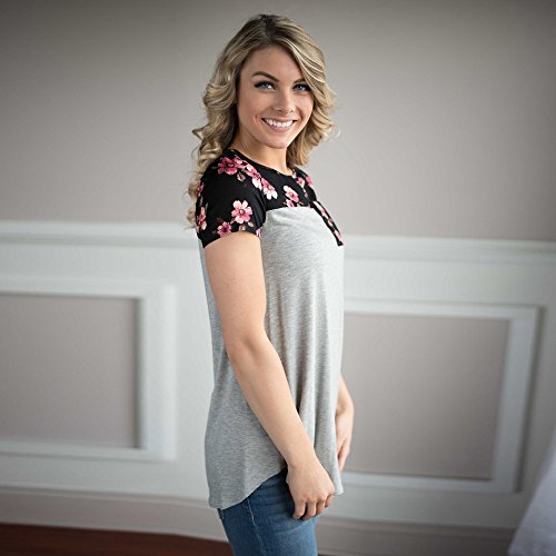 Damen T-Shirt!Sannysis Damen Blumen Spleißen Drucken Tasche Rundhals T-Shirt (M, Grau2) - 3