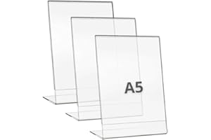 drb derabo Expositor metacrilato transparente a5, pack 3 unidades, soporte sobremesa para carteles A5, porta menú, porta precios, porta fotos, porta anuncios, display acrílico, expositor vertical A5