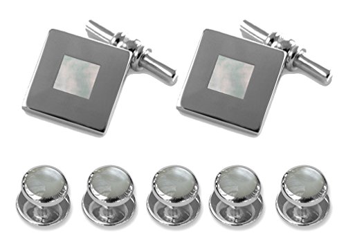Sterling silver mother of pearl chain link cufflinks Shirt Dress Studs Gift Set