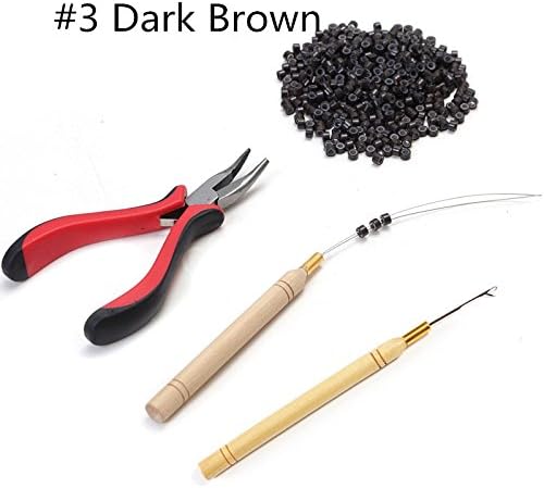 Hair Extension Remove Set Tool 1 Plier + 1 Pulling Hooks + Bead Device Tool Kits + 200pcs Micro Rings (#3 Dark Brown)