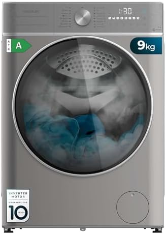 Cecotec Lavatrice 9 Kg di carico frontale Bolero DressCode 9800 Inverter Steel A. 1400 giri/min, classe A, 16 programmi, motore Inverter Plus, SteamMax, OnSmart, SpaCare, Fuzzy Logic e Display Touch