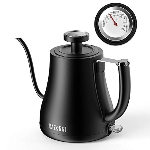 Bollitore Razorri RCKM1KA in acciaio inossidabile | Bollitore per caffè con termometro a collo di cigno | Funzione di cottura rapida e spegnimento automatico | Bollitore per tè, 0,7 litri, 1000 Watt