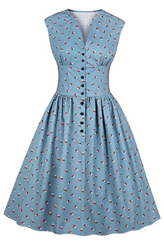 MisShow Robe de Gala Mi Longue Imprimée à Fleurs Robe de Soirée Courte au Genou Chic Elégante Style Vintage année 60s Bleu M