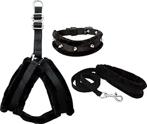 Pedigone Dog Belt Combo of Black Fur Dog Harness with Black Fur Spike Dog Collar with Soft Handle Dog Leash Specially for Small Breed Dog Harness Collar Leash (Small, Black)