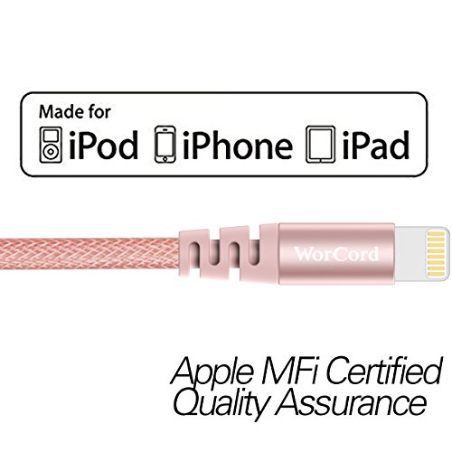 WorCord Lightning Cable [Apple MFi Certified] Nylon Braided 1.8M 6ft
Lightning Cable Nylon Braided Lightning to USB Syncing and Fast
Charging Cable Durable Cord Compatible for iPhone 7/7Plus/6s/6s
Plus/5s/SE/5, iPad Mini Air Pro, iPod - Rose Gold