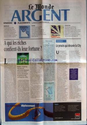 MONDE ARGENT (LE) du 18/11/2001 - EPARGNE - IMMOBILIER - EN ILE-DE-FRANCE, EN 2000, L'AUGMENTATION DES CHARGES DE COPROPROETE S'ELEVE A 5,9% - PLACEMENTS - BOURSE - LEPRIX DU BARIL DE PETROLE, QUI SE SITUAIT AU DESSUS DE 29 DOLLARS AVANT LES ATTENTATS DU 11 SEPTEMBRE AUX ETATS-UNIS, A ACCENTUE SA CHUTE CETTE SEMAINE +¼ COLLECTION - LES ENVELOPPES PATRIOTIQUES AMERICAINES, EDITEES EN 1941 AU LENDEMAIN DE PEARL HARBOR, RELEVENT D'UNE FORME TRADITIONNELLE D'ART POSTAL +¼ A QUI LES RICHES en ligne