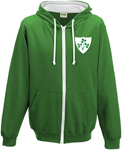 mens retro Irish crest rugby zipped hoodie, Kelly-Green / Arctic-White XL