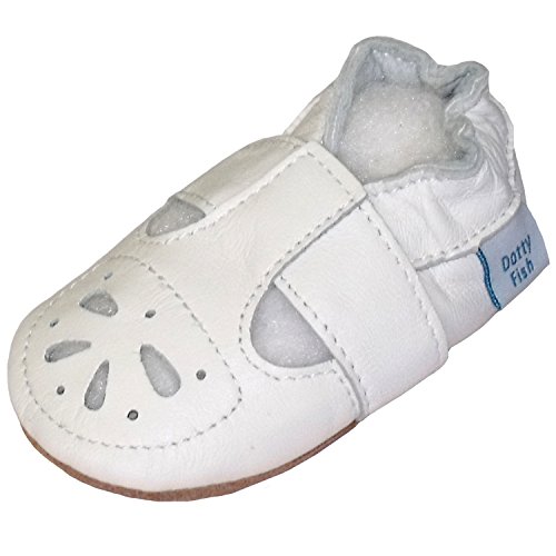 Soft Leather Baby Shoes with Suede Soles by Dotty Fish. White Mary-Jane Sandal Design Girls 6-12 Months