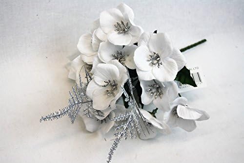 Artificial Christmas Rose & Fern Bush x 22cm Red, White or Cream (White with Silver)