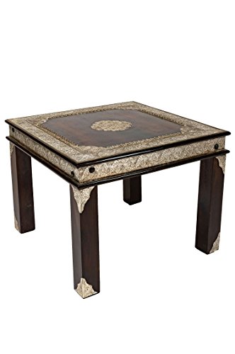 Marokkanischer Wohnzimmertisch Couchtisch aus Holz massiv Alim 60cm | Vintage Tisch aus Massivholz mit Messing verziert für Ihre Wohnzimmer | Niedriger Orientalischer Sofatisch Massivholztisch Dunkel Braun (Silber)