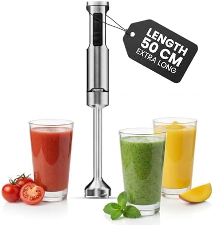 Princess Frullatore a Immersione in Acciaio Inox Prof XXL, 1500W, Asta Extra Lunga 50 cm, 5 Velocità + Turbo, 4 Lame, Bicchiere con Coperchio, Parti Lavabili, 221233