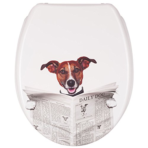 WC Sitz mit Absenkautomatik, Duroplast Toilettendeckel, Softclose Klobrille - Motiv Hund mit Zeitung Design Dekor