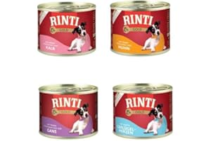 RINTI Gold | Hunde Nassfutter | 8x185g | Mixpaket 2x Gans, 2x Kalb, 2x Huhn, 2x Geflügelherzen | ohne Getreide
