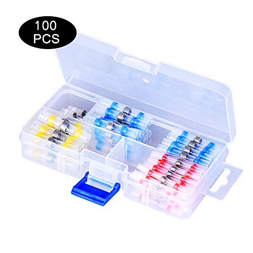 100 Pezzi Connettori Termoretraibili Saldanti, Kastewill Impermeabile Connettore Filo Saldare Seal Isolante per Marine, Auto, Moto Rame con il Caso Wire Terminals - 35 Rosso 30 Blu 25 Bianca 10 Giallo