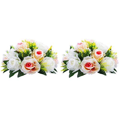 Wedecor Arreglo De 2 Pzs con Flores Artificiales, 15 Cabezas De Rosas De Plástico con Base, Estante De Flores para La Parte Central De La Boda para Fiestas Día De San Valentín Decoración del Hogar