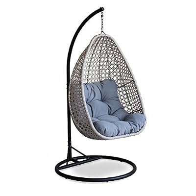 Alice's Garden - Fauteuil suspendu - Uovo - Loveuse suspendue en résine tressée beige chiné et coussin épais gris clair, siège rétro en forme d’œuf, hamac