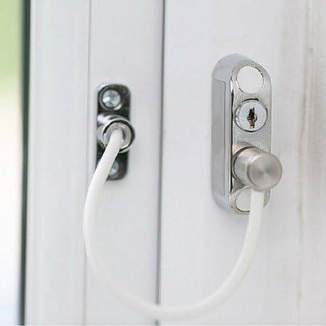 Window and Door Cable Restrictor, Stopper, Safety Lock, with Lock and Key Release, Designed for Baby and Child Safety to Reduce the Risk of Falls from Windows (Polished Chrome)
