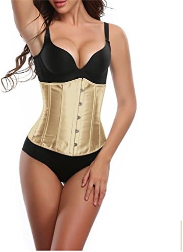 Funray Women's Sexy Satin Corset Lingerie Waist Trainer with G-string, Silky &amp; Champagne Color