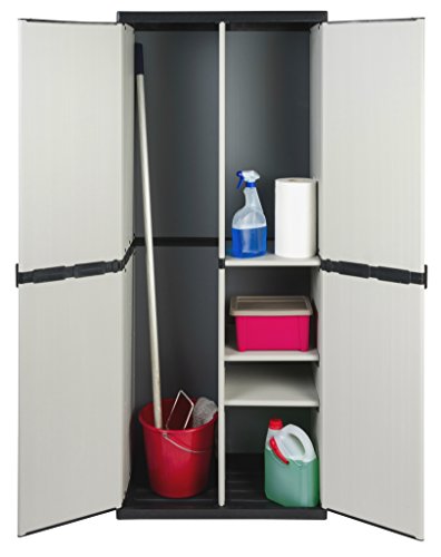 Vorteilspack: 2 Schränke aus robustem Kunststoff in hellem Grau. Ein Universalschrank mit 3 Böden, ein Spindschrank mit Besenfach. Jeder Schrank mit Maß: 68 x 39,5 x 168 cm. TOPP! - 5