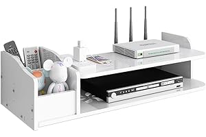 NUODWELL Scatola di immagazzinaggio per router WiFi con ripiani galleggianti, con scatola di immagazzinaggio telecomandata, mensola per TV a parete per decoder via cavo/router/telecomandi/lettori DVD（L02）