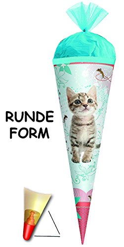 3-D Effekt _ ! – Schultüte – “ süße Kätzchen – Katze “ – 70 / 85 cm – rund – 6 eckig – Deko-Schleife / Rüschen & Organza / Filz – Abschluß – Zuckertüte Roth – mit Holzspitze – für Mädchen / Geschenktüte – Miezekatze / Haustiere – Tiere – Maus - 3