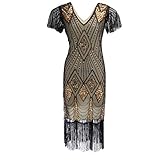 Kanpola Elegant Kleider Damen Strandkleider Party Lange Pailletten Kleid mit Quaste (B5-14-Gold, 36)